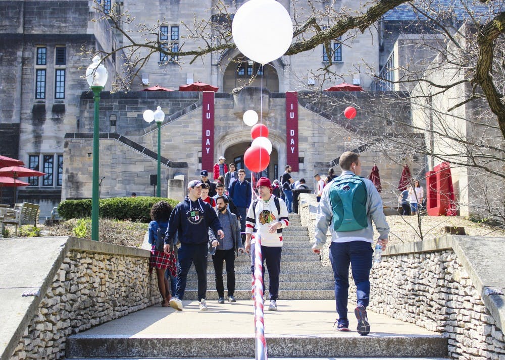 <p>The Indiana Memorial Union is decorated with banners and balloons for IU Day on April 18. The third annual IU Day gave students the opportunity to explore campus and win prizes.&nbsp;</p>