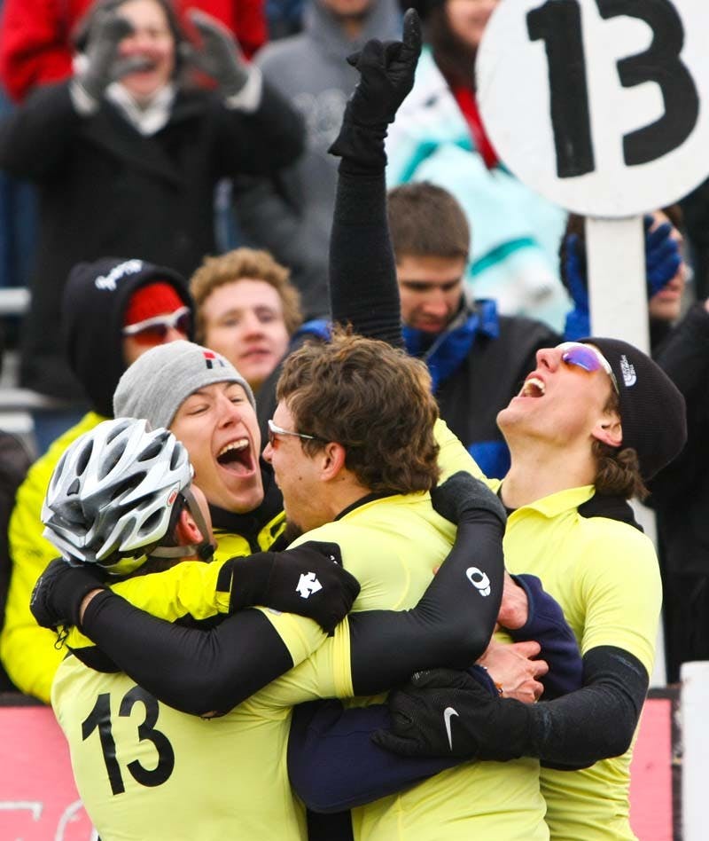 Members of the Cutters team celebrate their victory after Cutters rider, IU senior Sasha Land, crosses the finish line.
