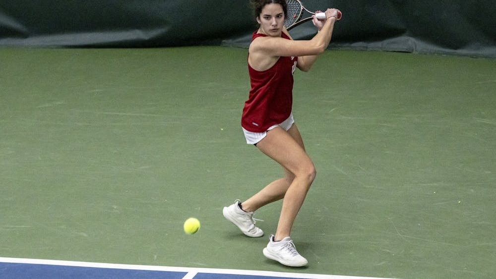 Sophomore Laura Masic returns a serve against Marquette University on Feb. 6, 2022, at the IU Tennis Center. Indiana will play Michigan at noon on March 12 in Ann Arbor, Michigan. 