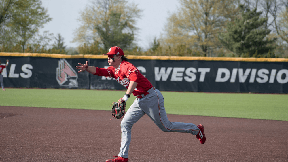 Sophomore firstbaseman Brock Tibbitts throws to first April 25, 2023, against Ball State University. Indiana will face Northwestern this weekend.