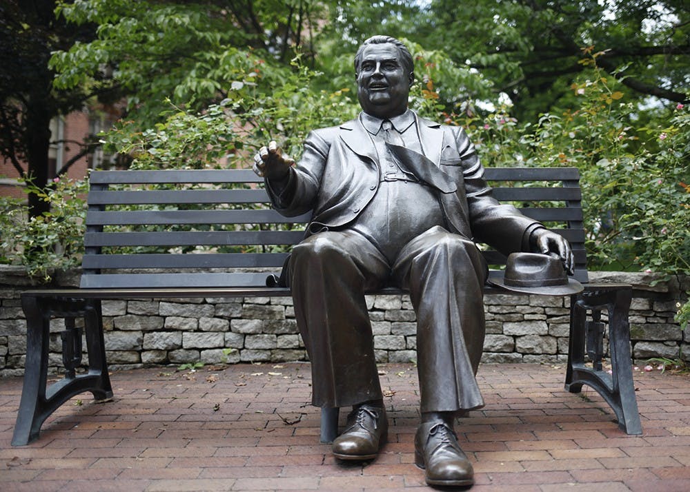 <p>The Herman B Wells statue can be found by Owen Hall. Many students sit next to Wells and shake his hand as a tradition.</p>