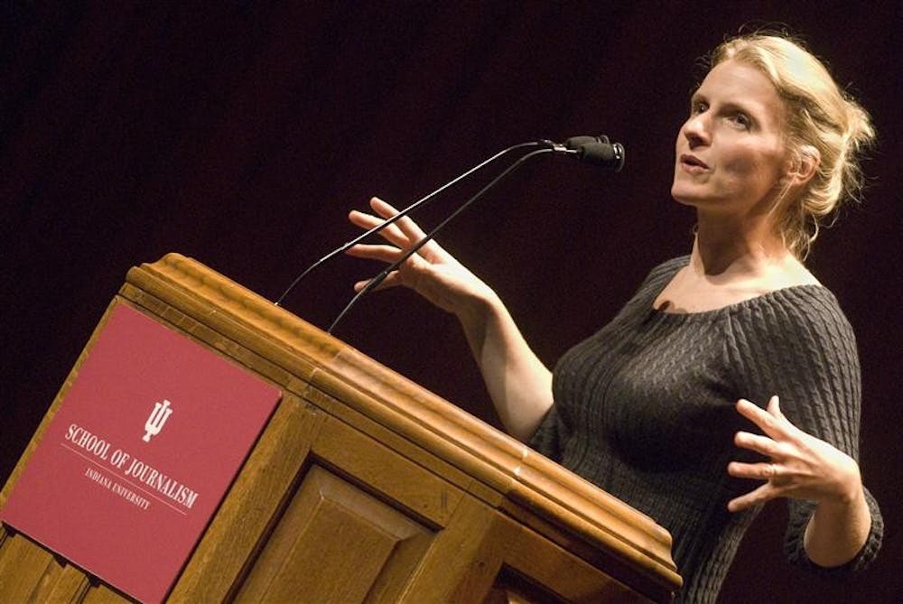 Author Elizabeth Gilbert speaks before a crowd on Monday at the IU Auditorium. Gilbert's speech kicked off the School of Journalism's fall Speaker Series.