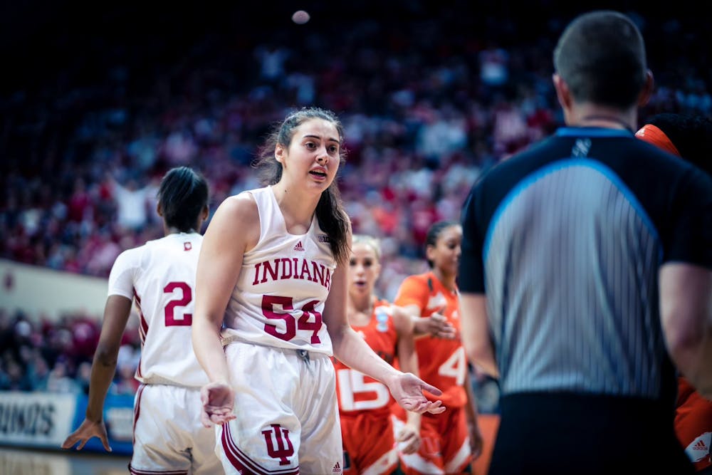 <p>Senior forward Mackenzie Holmes talks to a referee after a no foul call March 20, 2023, at Simon Skjodt Assembly Hall in Bloomington. Miami defeated Indiana 70-68.</p>