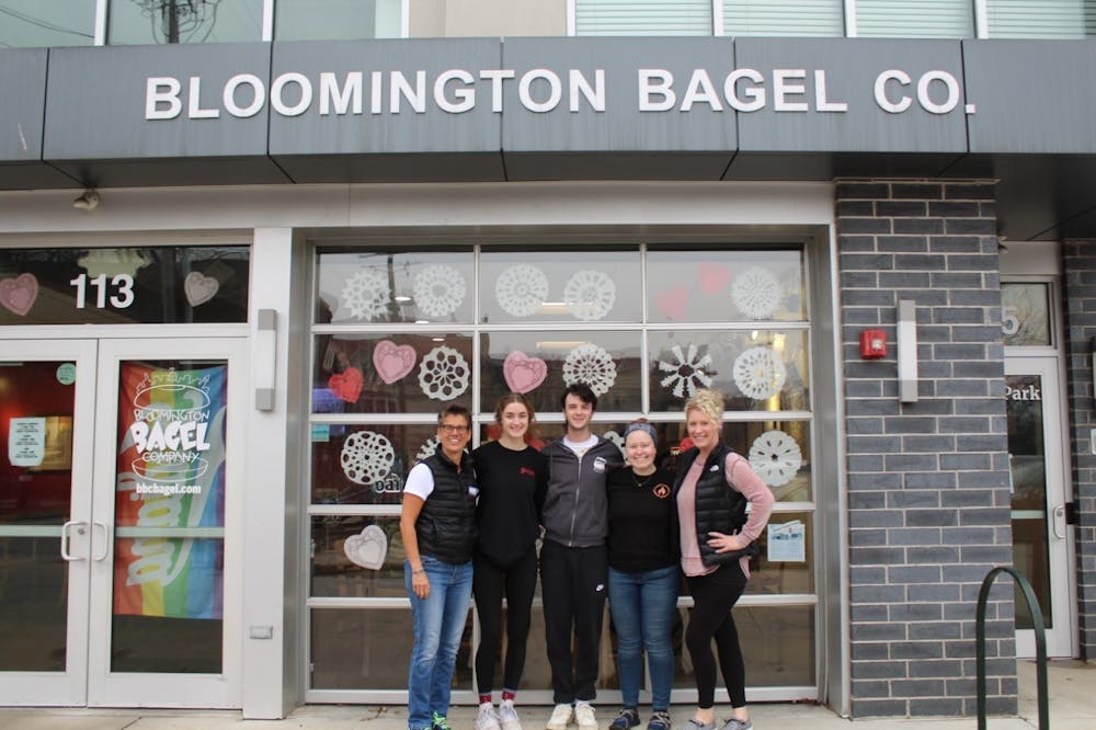 <p>Owner of Bloomington Bagel Company Sue Aquila stands with her employees, Antonia Daleke, Aaron Norton, Kate Holsapple and Dawn Keough, at the North Dunn Street location on Feb.10, 2023. Two additional shops are located in Bloomington on North Morton Street and East Third Street.</p>
