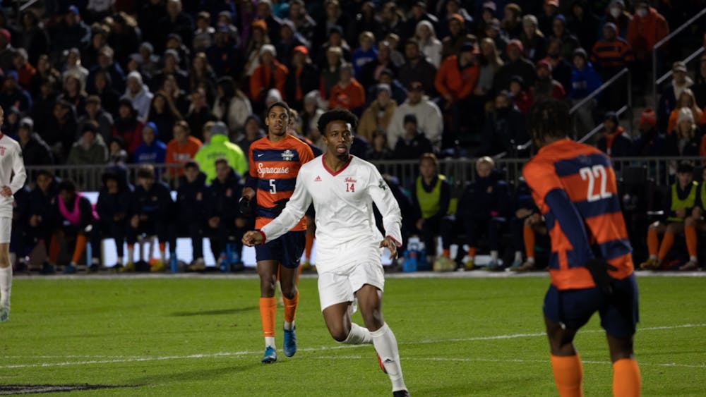 Indiana senior forward Maouloune Goumballe defends against Syracuse University in the men&#x27;s soccer national championship on Dec. 12 in Cary, North Carolina. The Hoosiers lost the College Cup final in penalty kicks.