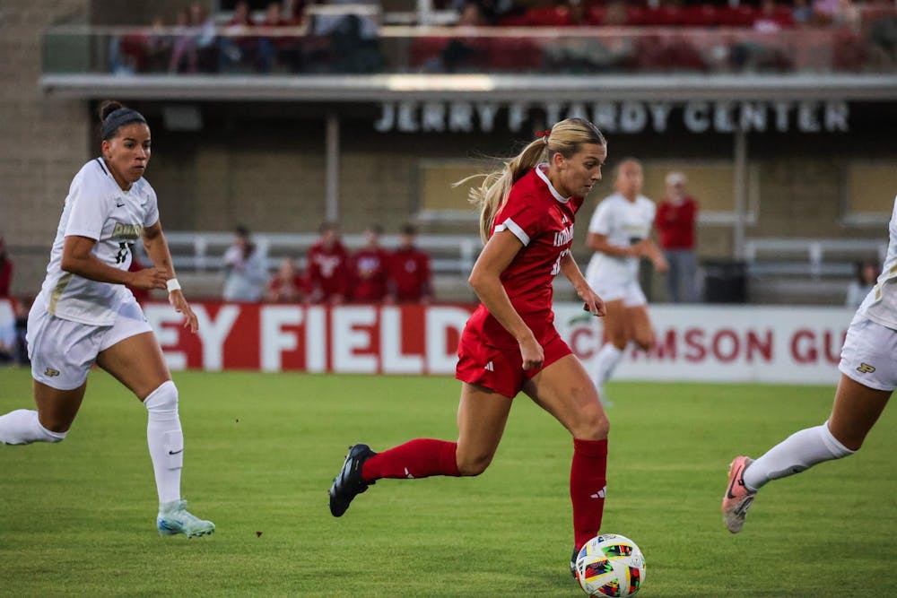 Marisa Grzesiak dribbles the ball downfield during a game on Oct.10, 2024 against Purdue at Bill Armstrong Stadium. The game versus Purdue resulted in a tie 0-0.