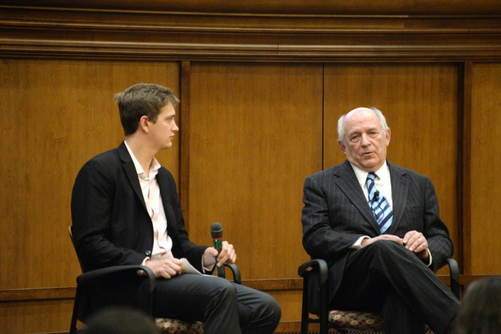 Conservative social scientist Charles Murray gives a talk to students and faculty members at IU on Tuesday evening in Presidents Hall. Murray is known for his book "The Bell Curve," and his recent appearances at the University of Notre Dame, Middlebury College and other schools have led to protests and in some instances have led to physical violence. 