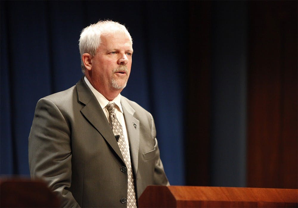 Dr. Jay Asdell speaks during the opening statement section of the Board of Trustees trustee election forum.  The chosen candidate will receive the position of Alumni Trustee on the IU Board of Trustees. 