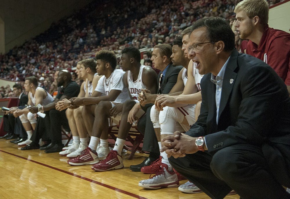 Head coach Tom Crean yells from the bench during the game against Bellarmine on Monday at Assembly Hall.