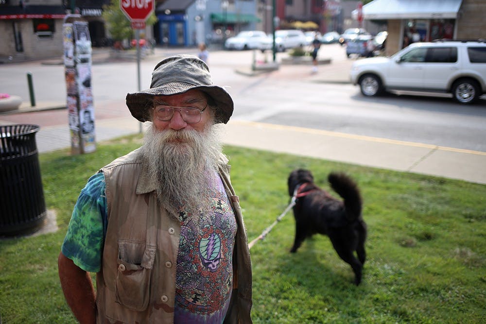 Rod Gesner, Bloomington, is known around downtown for parking his RV on Kirkwood to practice his ministry and share his wares - wooden rods that he makes. He calls his dog, Kiaayo, a "comfort/therapy wonder dog." Gesner serves as one of the few links between the homeless population on the north side of Kirkwood and the rich college kids at the bars on the south side. 