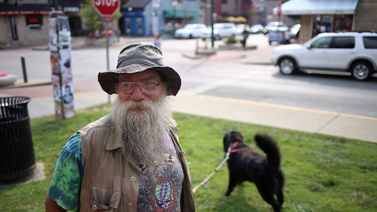 Rod Gesner, Bloomington, is known around downtown for parking his RV on Kirkwood to practice his ministry and share his wares - wooden rods that he makes. He calls his dog, Kiaayo, a "comfort/therapy wonder dog." Gesner serves as one of the few links between the homeless population on the north side of Kirkwood and the rich college kids at the bars on the south side. 