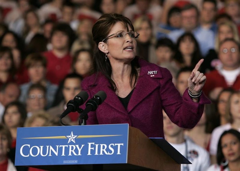 Republican vice presidential candidate, Alaska Gov. Sarah Palin, speaks at a campaign stop Friday in Noblesville.