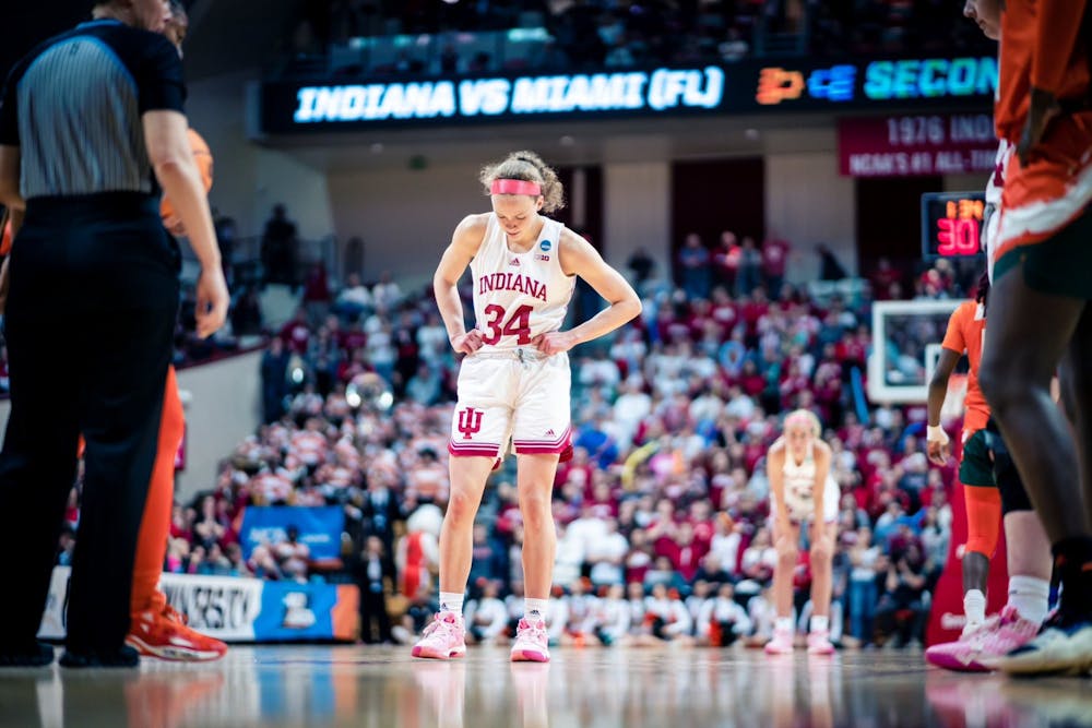 <p>Graduate senior guard Grace Berger seen at the freethrow line Mar. 20, 2023, at Simon Skjodt Assembly Hall in Bloomington. Indiana concluded its season Monday night in a loss to Miami.</p>