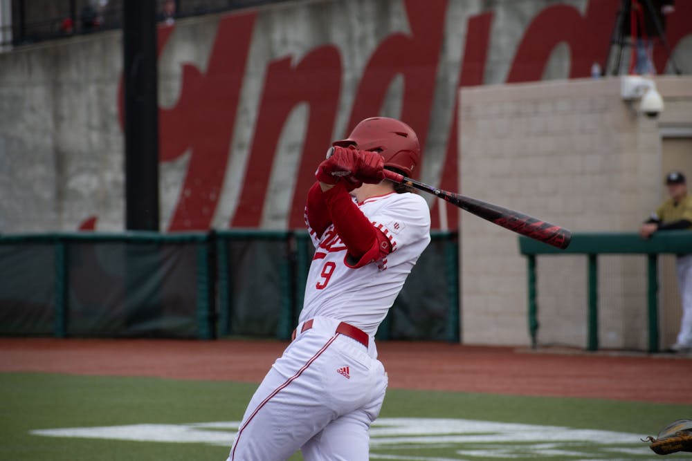 <p>Sophomore first baseman Brock Tibbitts hits a three-run home run on March 8, 2023, against Purdue Fort Wayne at Bart Kaufman Field in Bloomington, Indiana.</p>