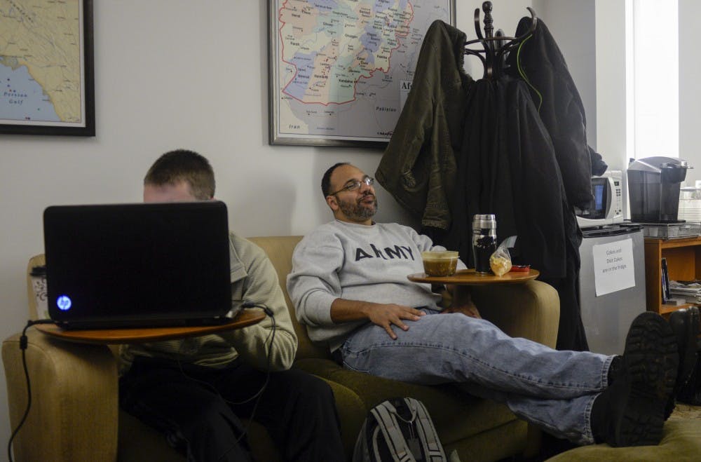 During his lunch, Macabee hangs out in the Veteran Support Services center and talks with other veterans. Members of every branch come to the VSS to talk to eachother about their military experiences and to feel more at home.