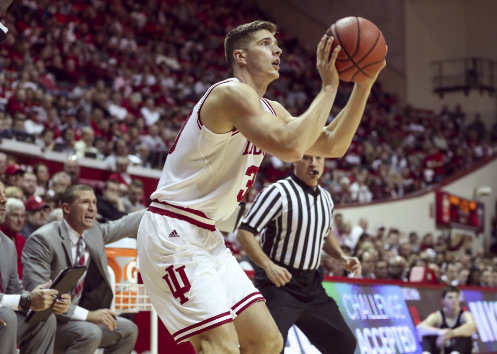 Senior forward Collin Hartman shoots the ball against the University of Indianapolis on Nov. 5 in Simon Skjodt Assembly Hall. Hartman is one of several seniors on this year's IU team who will look to end their IU careers with an NCAA Tournament appearance.&nbsp;