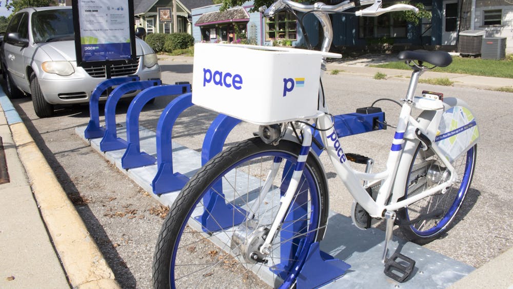 A Pace bicycle can be seen on the rack Thursday on North Grant Street near Pygmalion&#x27;s Art Supplies. Pace bikes were removed from Bloomington Tuesday and their docks will be removed this week, according to the company.
