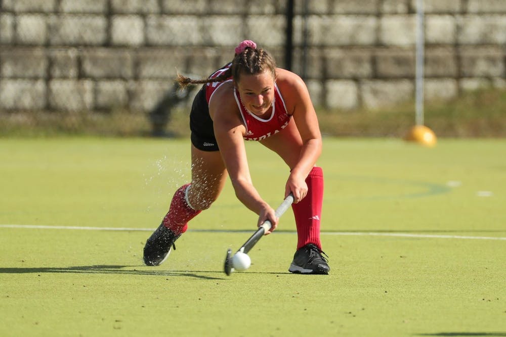 Then-sophomore midfielder Mary Kate Kesler hits the ball Oct. 18, 2019, at the IU Field Hockey Complex. Indiana will play Ohio State and Kent State this weekend.