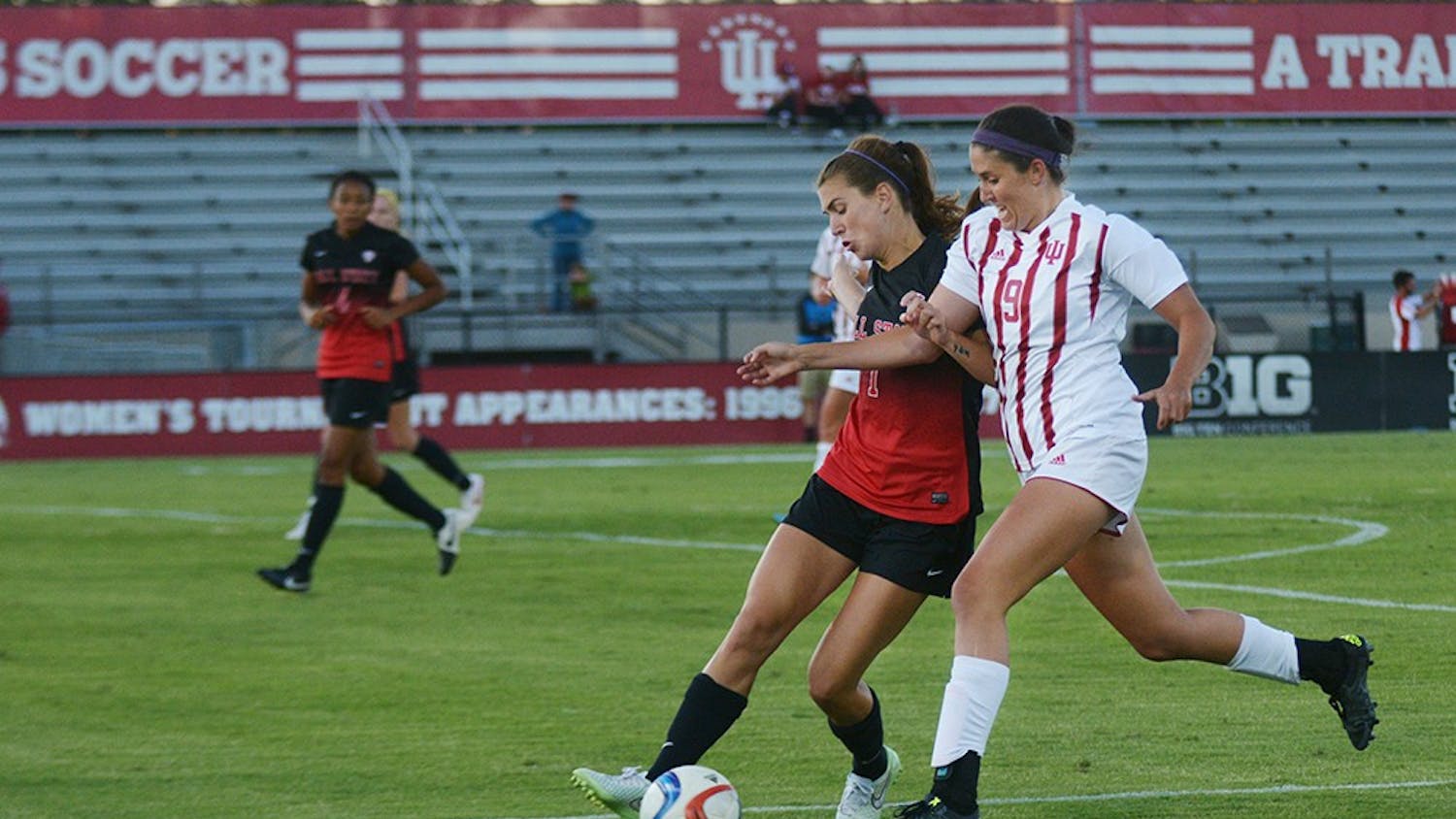 Junior forward Lauren Joray works thorugh the Ball State University Cardinals' defense at Bill Armstrong stadium on Sunday evening. The game ended in a 1-1 draw.