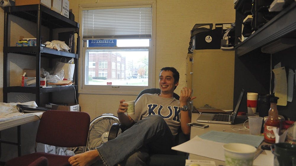 Jon Sutton, Sparks' head campaign manager, is an Indiana University senior who took a semester off to focus on the campaign. His office in the Monroe County Democrats headquarters in Bloomington is cluttered with empty paper and coffee cups with a dried brown ring in the bottoms. Sutton and his co-manager often worked 10-hour days, six days a week. In the corner leaned a stale stack of pizza boxes. "The rewards points from that have been the highlight of my employment," Sutton said after the election.