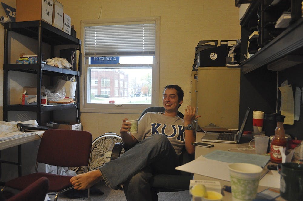 Jon Sutton, Sparks' head campaign manager, is an Indiana University senior who took a semester off to focus on the campaign. His office in the Monroe County Democrats headquarters in Bloomington is cluttered with empty paper and coffee cups with a dried brown ring in the bottoms. Sutton and his co-manager often worked 10-hour days, six days a week. In the corner leaned a stale stack of pizza boxes. "The rewards points from that have been the highlight of my employment," Sutton said after the election.