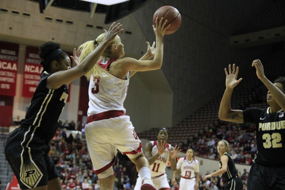 Senior guard Tyra Buss shoots a layup during the game against Purdue on Jan. 6 at Simon Skjodt Assembly Hall. IU beat Purdue 72-54.