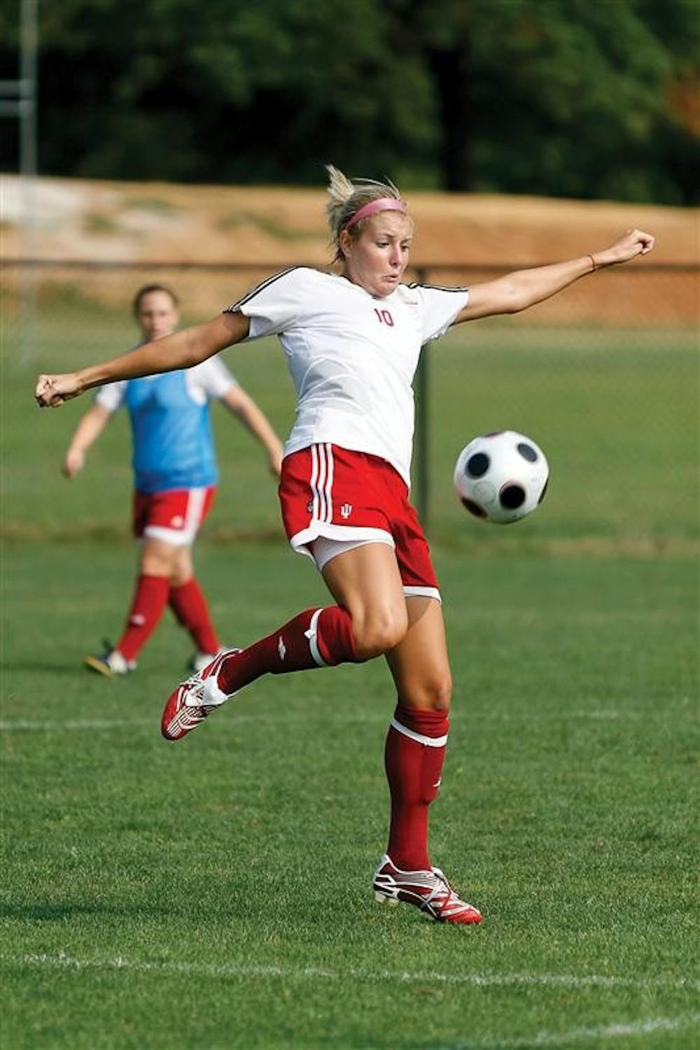 Junior defender Christie Kotynski plays the ball during practice.  The Hoosiers are led by seven juniors with no seniors on the team.