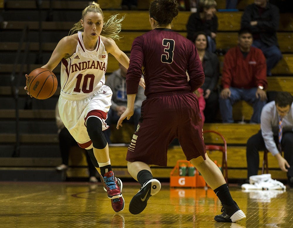 Sophomore guard Taylor Agler dribbles around IUPUI defender Sunday at Assembly Hall. The Hoosiers won 68-55 and will return to Assembly Hall next Wednesday to play Indiana University-Purdue University Fort Wayne (IPFW). 