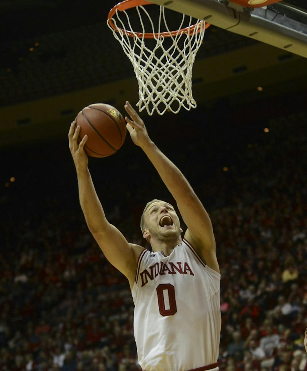 Redshirt senior Max Bielfeldt shoots a layup during the game agaisnt IPFW on Wednesday at Assembly Hall.