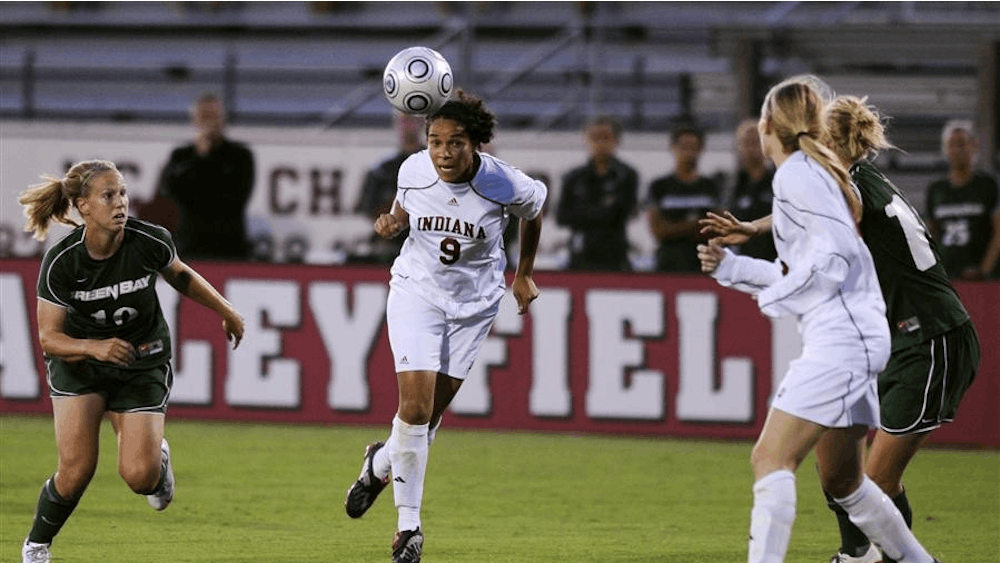 IU freshman forward Orianica Velasquez Herrera heads the ball during a women's soccer game against Green Bay on Friday, Sept. 18, 2009 at Bill Armstrong Stadium. Velasquez Herrera had two goals in the 2-0 win.