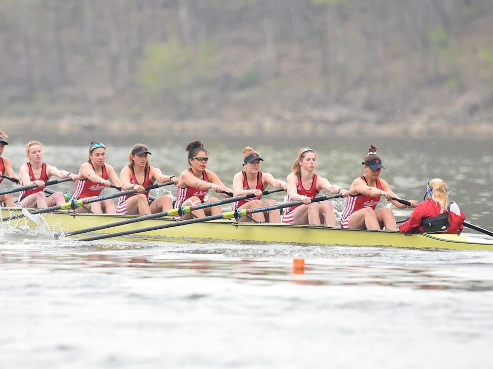 The Indiana rowing team rows during the Big Ten Invitational on April 18, 2021, in Bethel, Ohio. Indiana won six of the 12 races it competed in on Saturday.