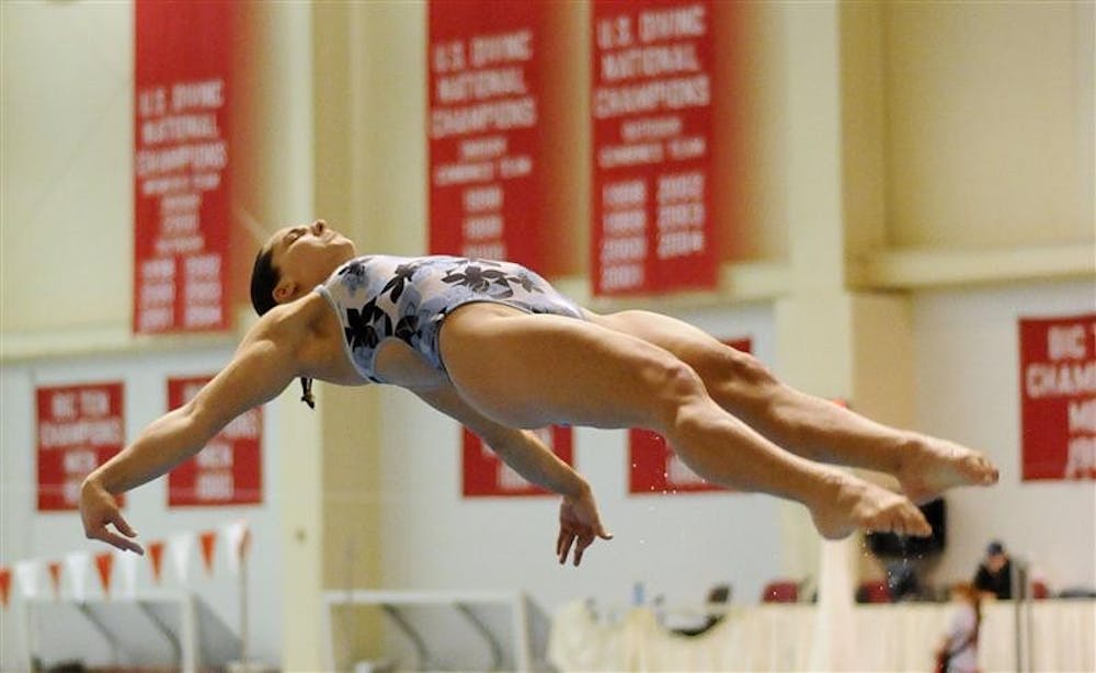 IU senior diver Christina Loukas practices a dive off of a one-meter springboard during a practice on Feb. 26, 2009 at the Counsilman-Billingsley Aquatic Center. Loukas was recently selected to the USA Diving 2009 World Championships team.