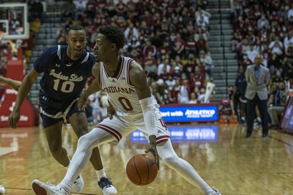 IU senior guard Xavier Johnson drives into the lane against Jackson State University on Nov. 23, 2021, at Simon Skjodt Assembly Hall. Johnson led Indiana in scoring with 14 points Tuesday in the win against Jackson State.
