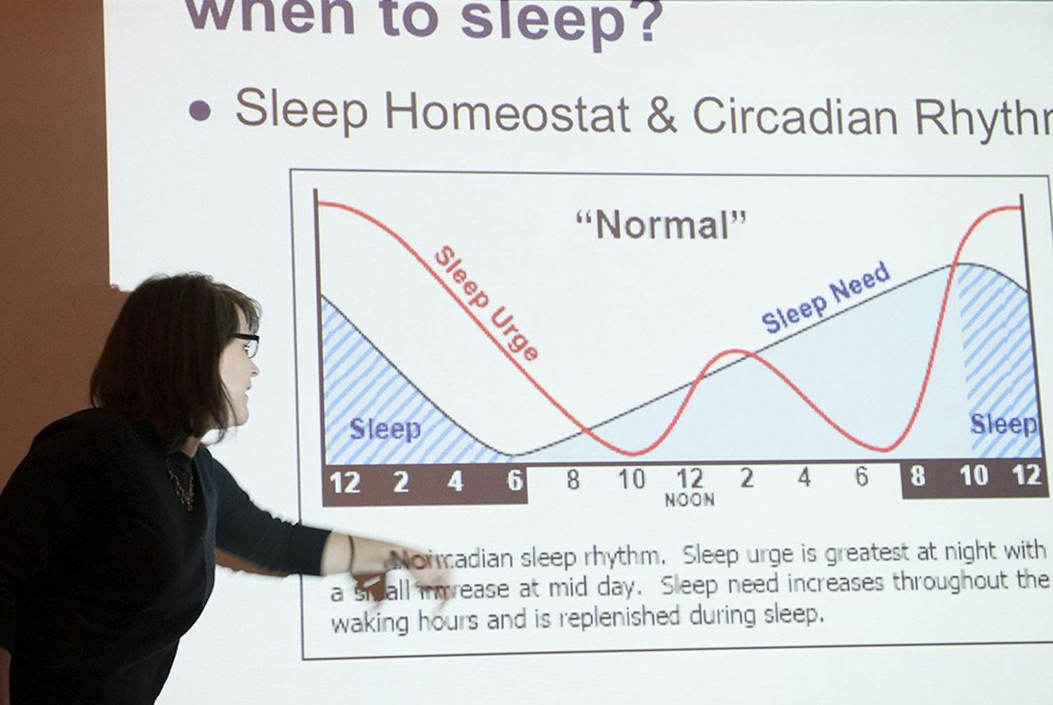 Cathy Batka, a therapist at IU's Counseling and Psychological Services speaking about the importance of having a good night's sleep and tips to achieve that. The talk titled 'Help me Sleep!' is part of a series titled 'Monday Motivators' that is sponsored by the IU Health Center & Counseling and Psychological Services.
