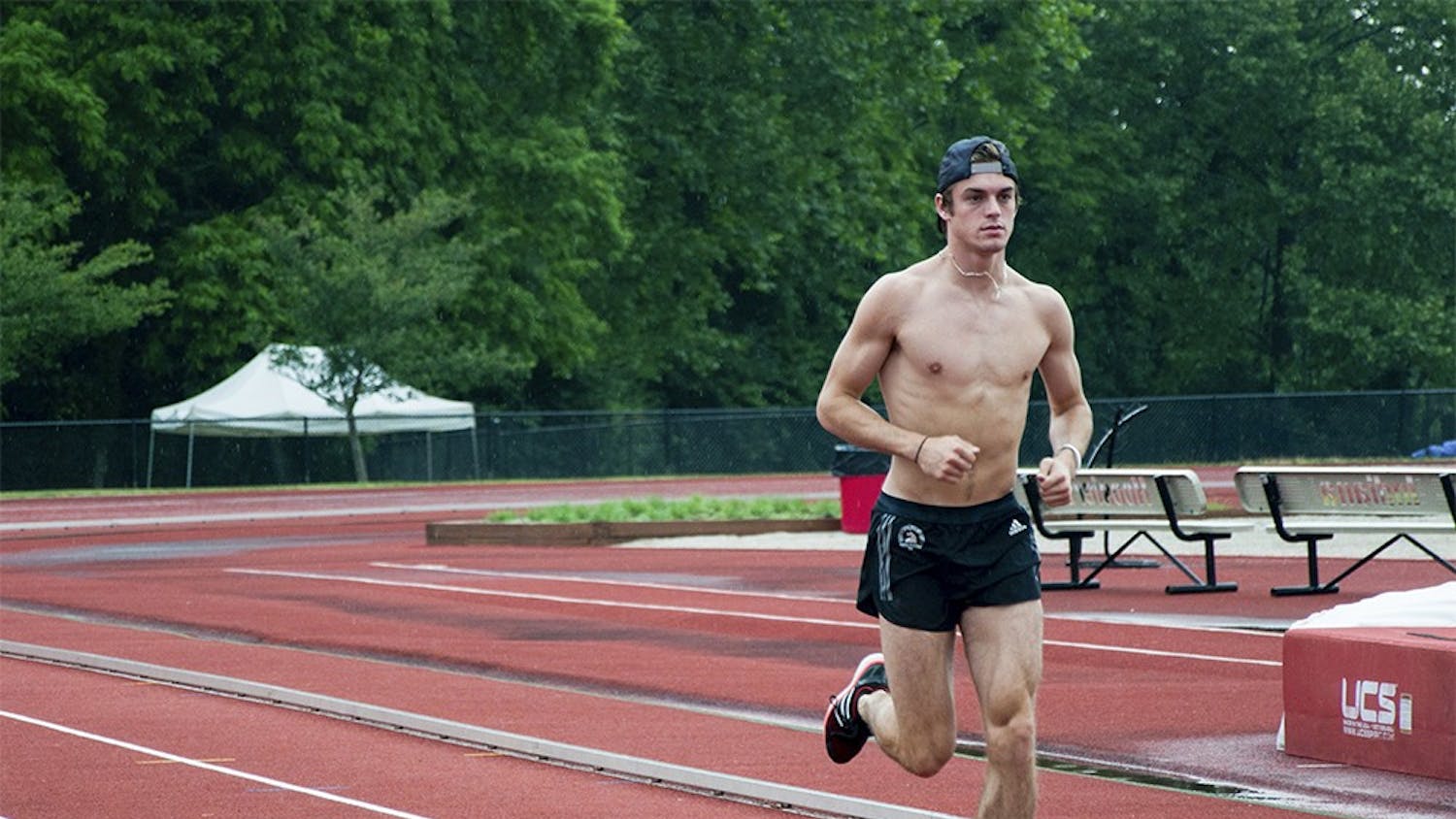 Daniel Kuhn warms up Thursday afternoon at the Billy Hayes Track. He prepared for the NCAA Outdoor Championships next week.