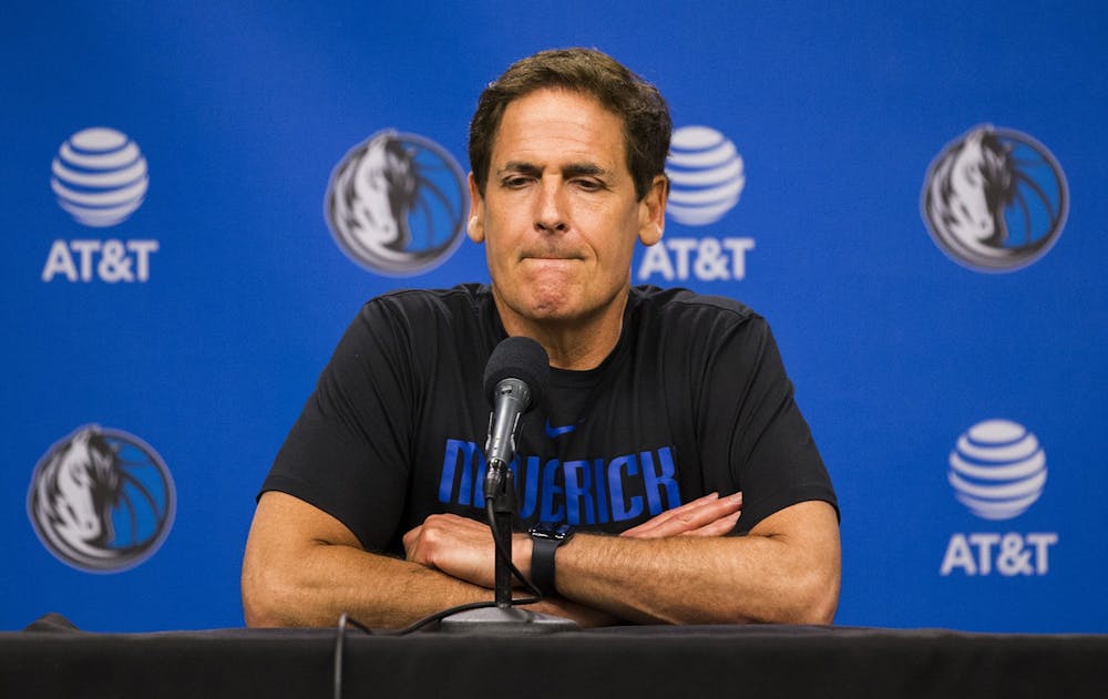 <p>Dallas Mavericks owner Mark Cuban speaks to reporters after the Dallas Mavericks beat the Denver Nuggets 113-97 March 11 in the American Airlines Center in Dallas.  </p>
