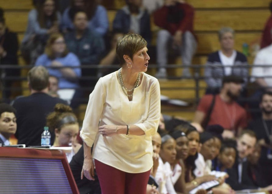 Head Coach of women's basketball Teri Moren calls out a play against Iowa in Simon Skjodt Assembly Hall in February 2017. Moren will lead a younger, less experienced team this season. &nbsp;