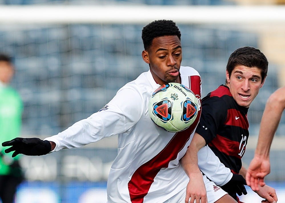 Freshman forward Mason Toye rushes towards the ball during the first half of play at the NCAA Men's Soccer Tournament Championship game against Stanford on Dec. 10 in Chester, Pennsylvania. IU lost 1-0.&nbsp;