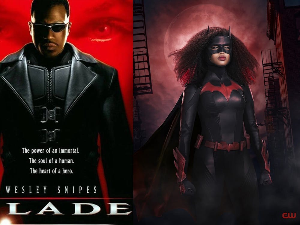 韦斯利·斯奈普斯为1998年的电影海报摆姿势；“刀片”；左边是贾维西亚·莱斯利在CW秀第二季中穿着蝙蝠侠服装的画面；“蝙蝠侠”；在右边。莱斯利是第一位在真人秀中刻画这个角色的黑人女性。