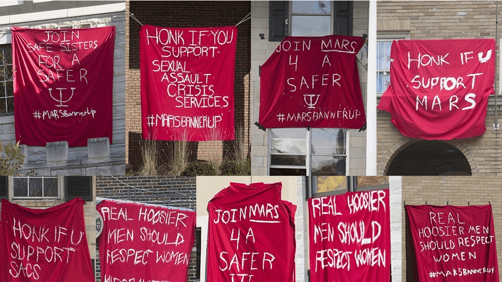 Fraternities rasie red banners as a part of BannerUp, a campaign organized by Men Against Rape and Sexual Assault. IU had 68 rapes, 23 fondlings, 11 domestic violence incidents, 27 dating violence incidents and 78 stalking incidents from 2018-2020.