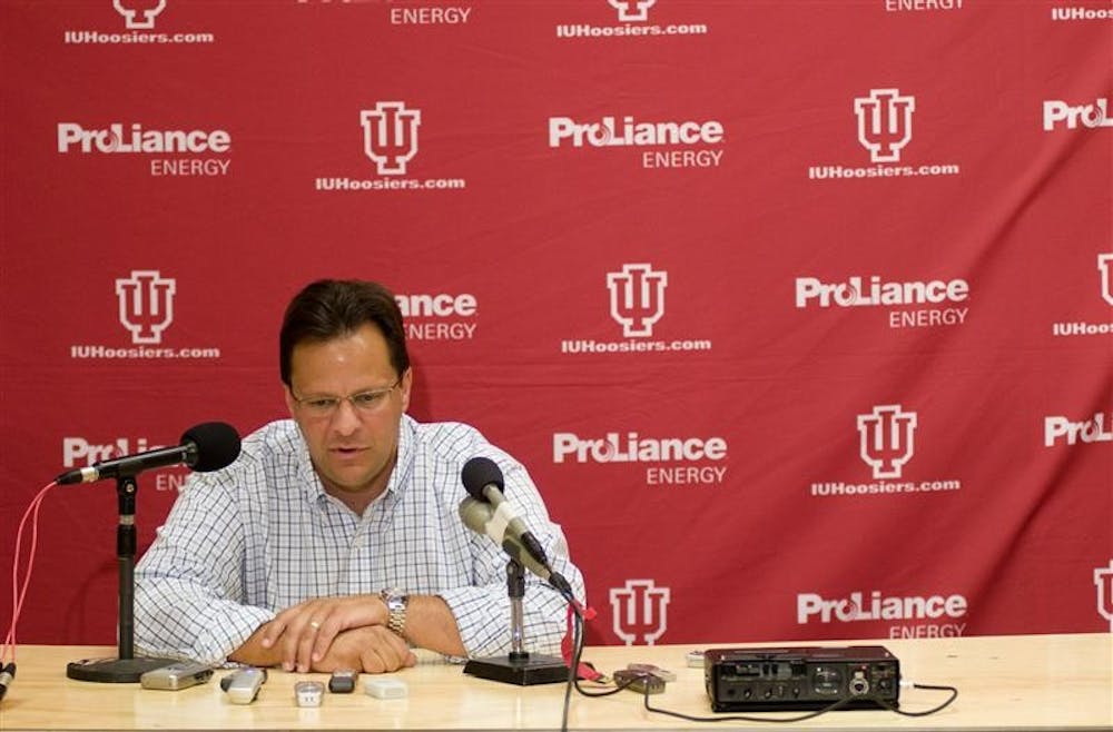 IU men's basketball coach Tom Crean speaks during a press conference Wednesday at Assembly Hall. Crean said the coaching staff is in a "state of paranoia" when it comes to calling recruits.