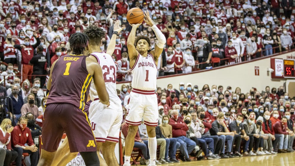 Senior guard Rob Phinisee shoots the ball against Minnesota on Jan. 9, 2022, at Simon Skjodt Assembly Hall. Phinisee had a season-high 13 points in the win against Minnesota. 