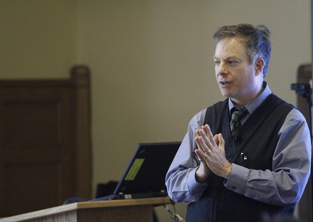 Wendell Piez speaks about the novel Frankenstein in Woodburn Hall on Monday.  Author Mary Shelley was 16 years old when she started writing the novel, said Piez.