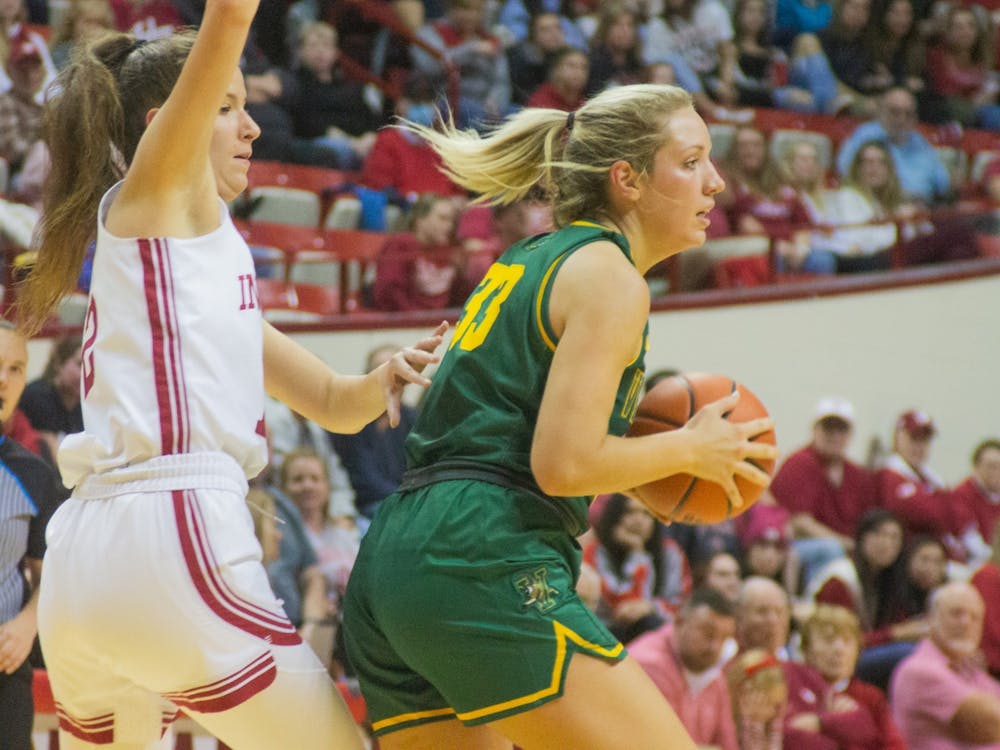 A University of Vermont women&#x27;s basketball player is blocked by freshman guard Yarden Garzon Nov. 8, 2022, at Simon Skjodt Assembly Hall. Indiana defeated Morehead State Sunday.