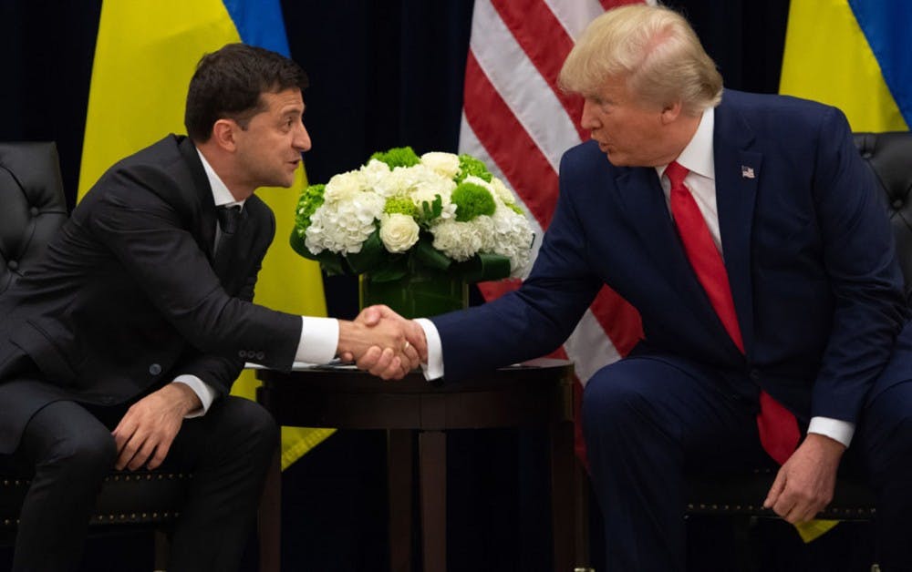 President Donald Trump and Ukrainian President Volodymyr Zelensky shake hands during a meeting Sept. 25 on the sidelines of the United Nations General Assembly in New York.
