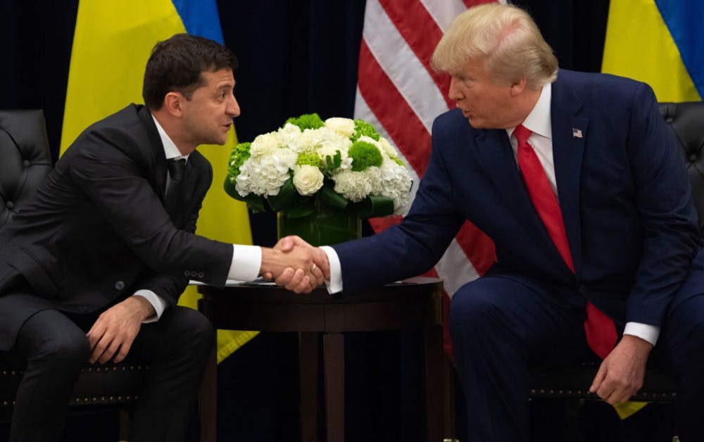 <p>President Donald Trump and Ukrainian President Volodymyr Zelensky shake hands during a meeting Sept. 25 on the sidelines of the United Nations General Assembly in New York.</p>