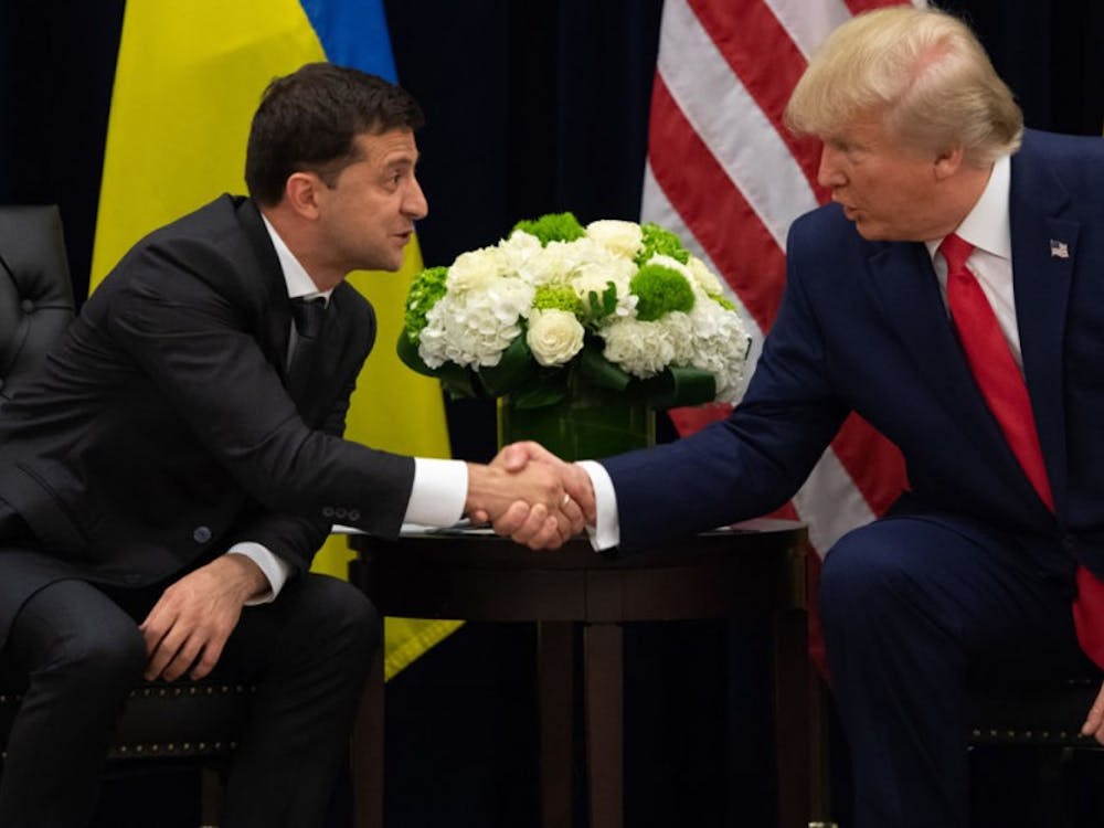 President Donald Trump and Ukrainian President Volodymyr Zelensky shake hands during a meeting Sept. 25 on the sidelines of the United Nations General Assembly in New York.