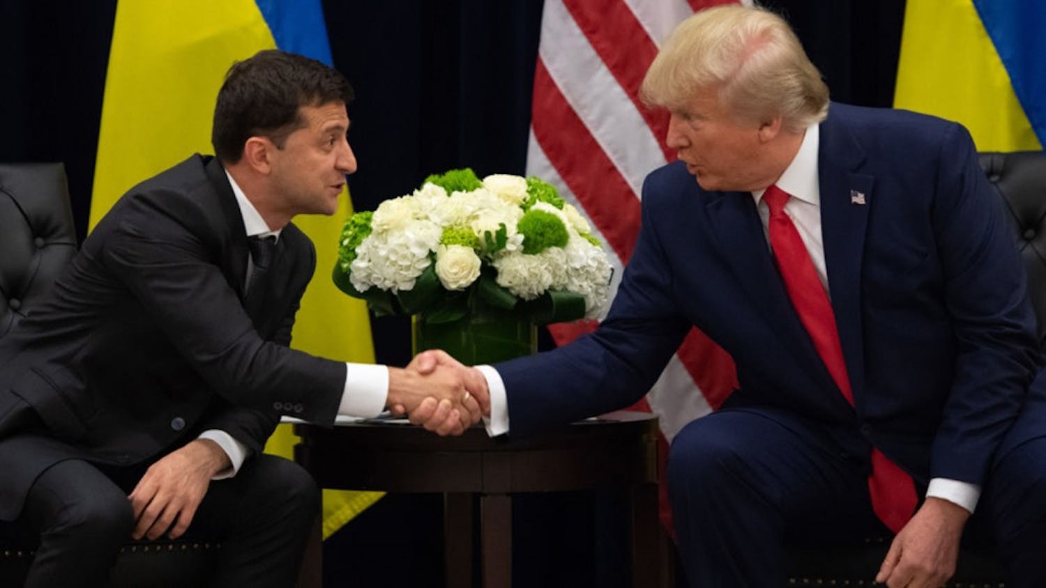 President Donald Trump and Ukrainian President Volodymyr Zelensky shake hands during a meeting Sept. 25 on the sidelines of the United Nations General Assembly in New York.