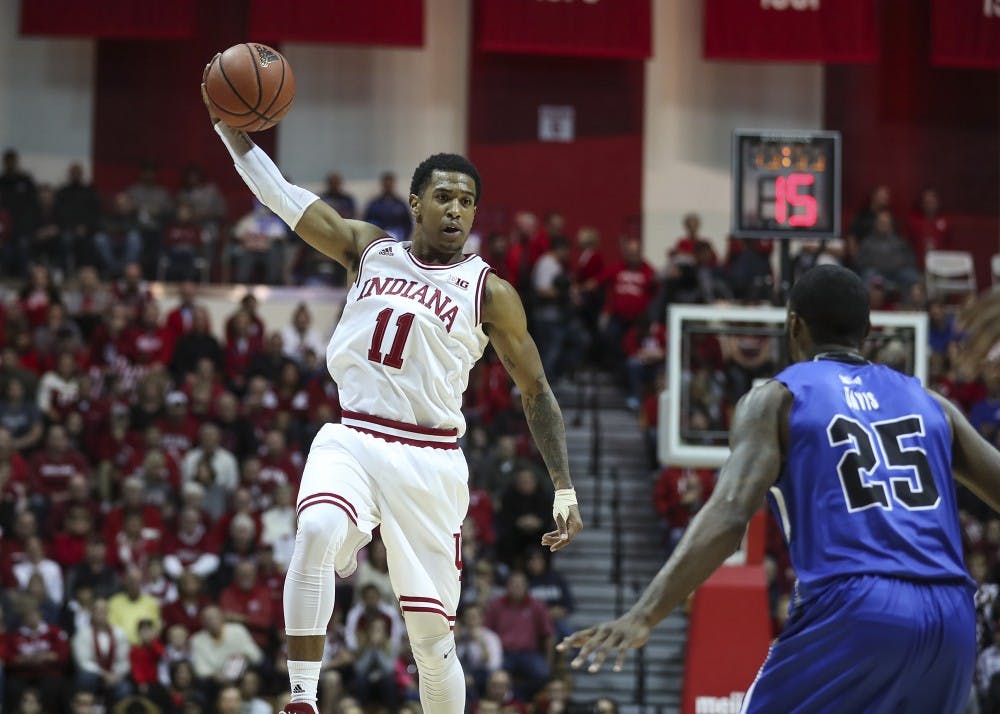 Sophomore guard Devonte Green catches the ball midcourt against the Indiana State Sycamores on Friday night. Green and the Hoosiers play at No. 22 Seton Hall on Wednesday night.