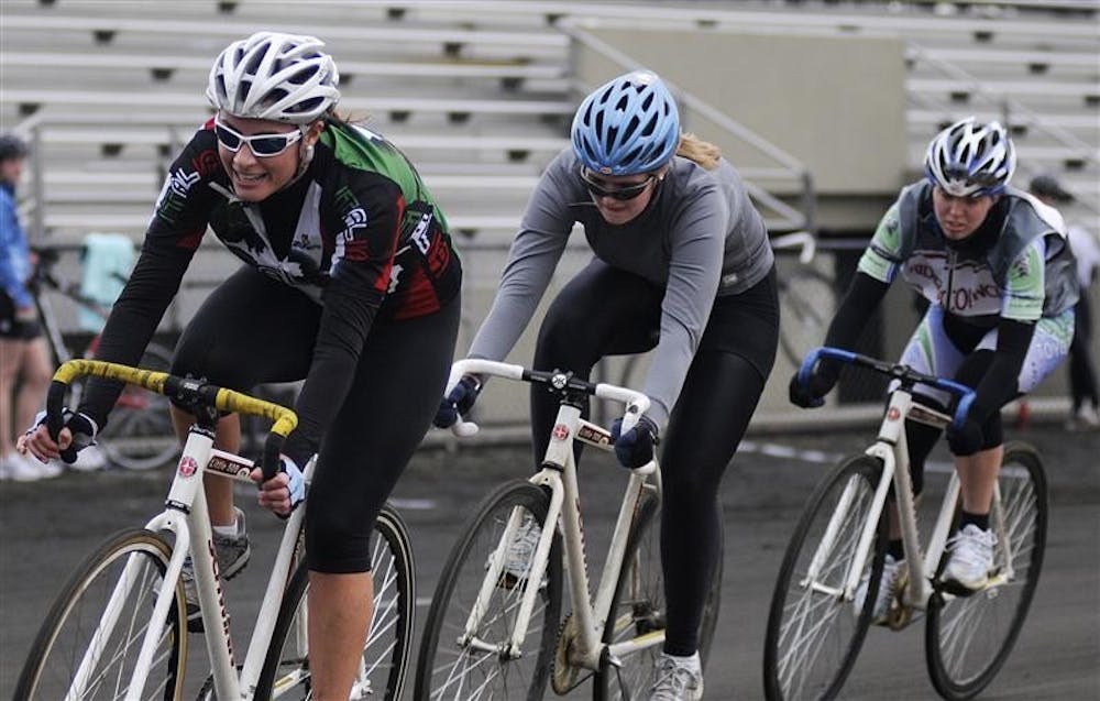 Riders race through turn three during a Little 500 practice session Thursday afternoon at Bill Armstrong Stadium. Thursday was the first day for on-track practice for race veterans. The Women's Little 500 is April 24 followed by the Men's Little 500 on April 25